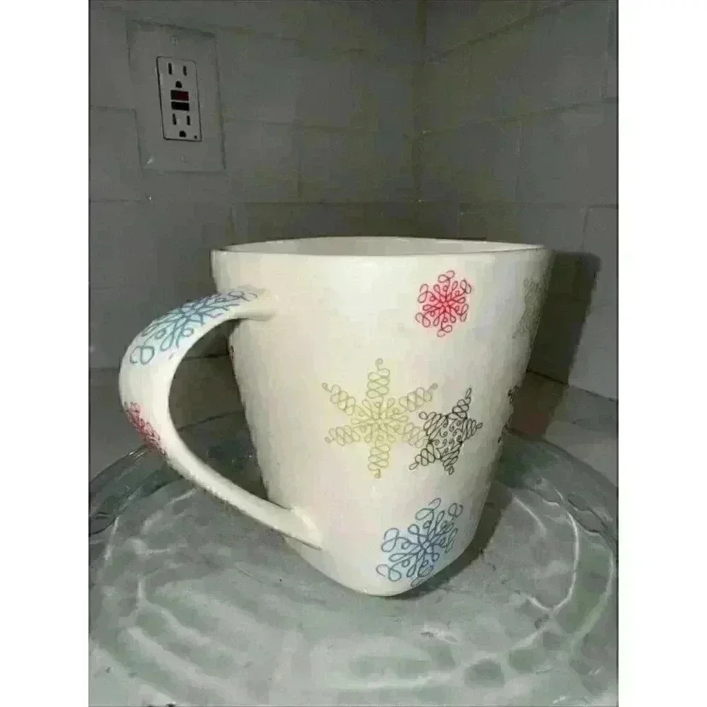 Starbucks 2005 Whimsical Holiday Square Coffee Mug Cup Snowflakes Stars 10 Oz